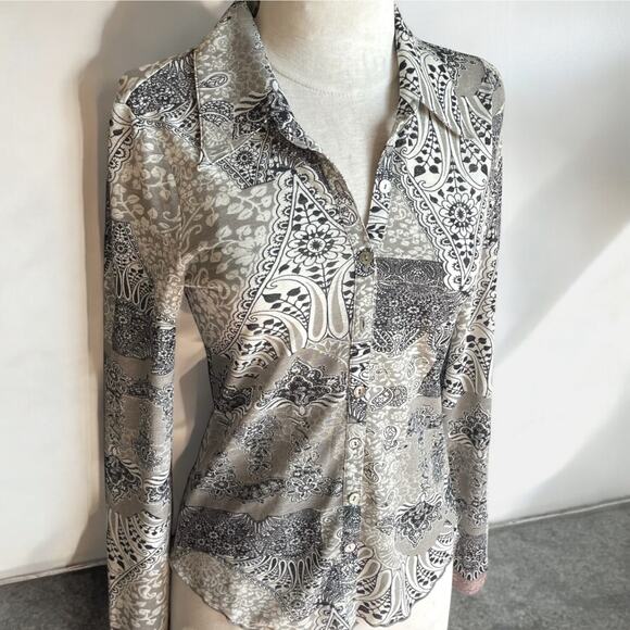 Vtg BEBE Y2K Grunge Top Boho Blouse Paisley Stretchy 90's Neutral Made in USA M - Picture 1 of 8